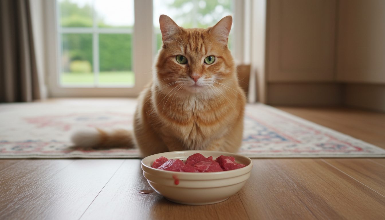 Katze mit Fleischschüssel